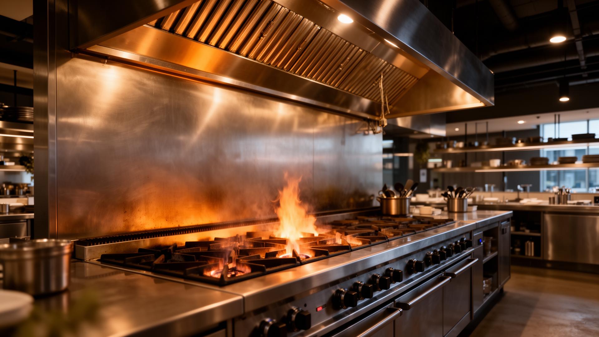 Commercial kitchen exhaust hood over a restaurant cooking line